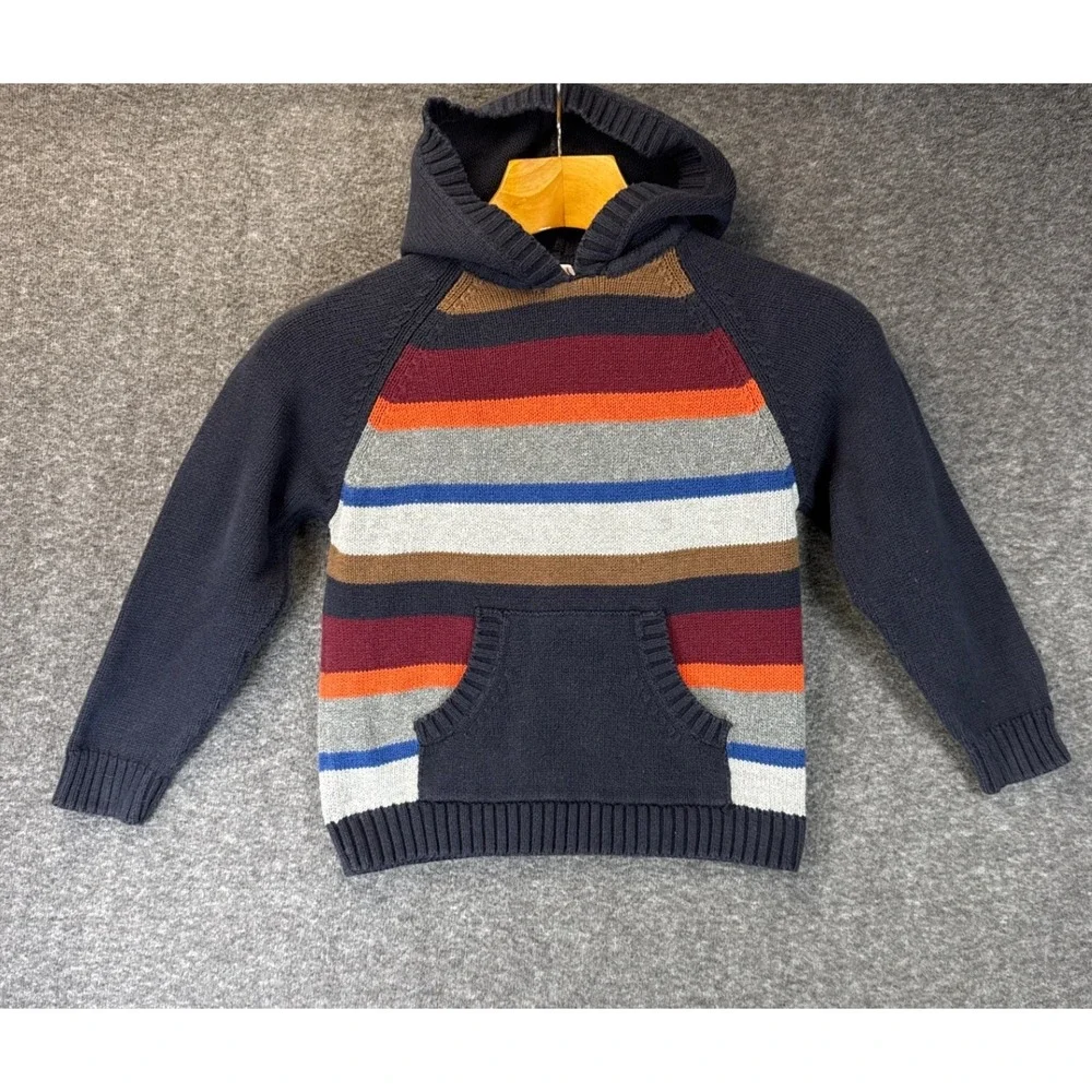 Gymboree Hooded Sweater Kids XS 3-4 Navy Multi Stripe Warm Knit Pullover School